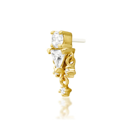 Junipurr Judy 14k yellow gold white cubic zirconia threadless end angled view with elegant sparkle for curated ear styling