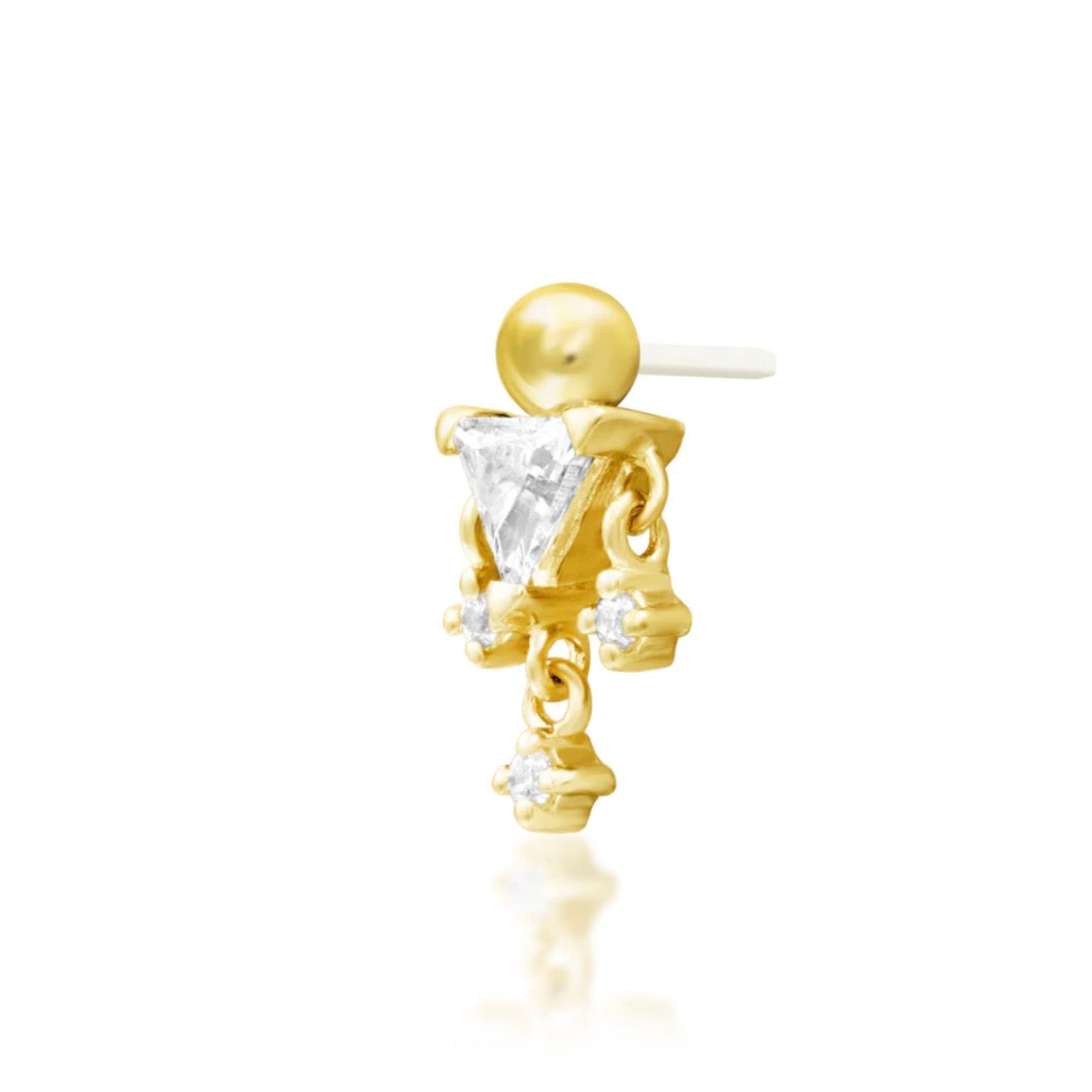 Junipurr Judy 14k yellow gold white cubic zirconia threadless end angled view with elegant sparkle for curated ear styling