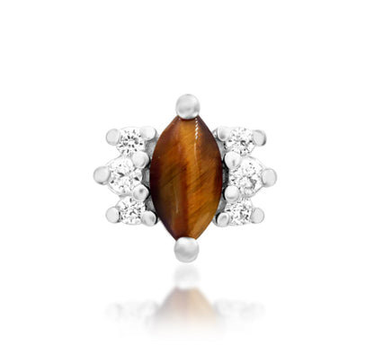 Junipurr Khan threadless end earring in solid 14k gold with natural Tiger Eye and white cubic zirconia, suitable for lobe, helix, and conch piercings, size 4.5mm x 5.2mm