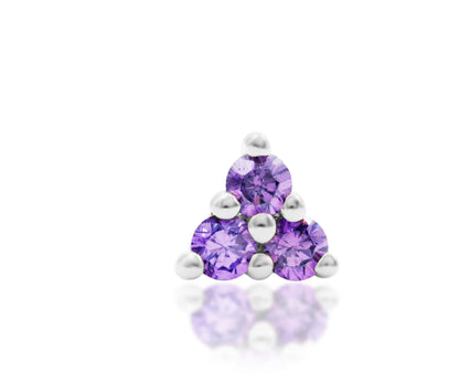 14k white gold threadless end with triple prong-set synthetic amethyst CZ for ear piercings