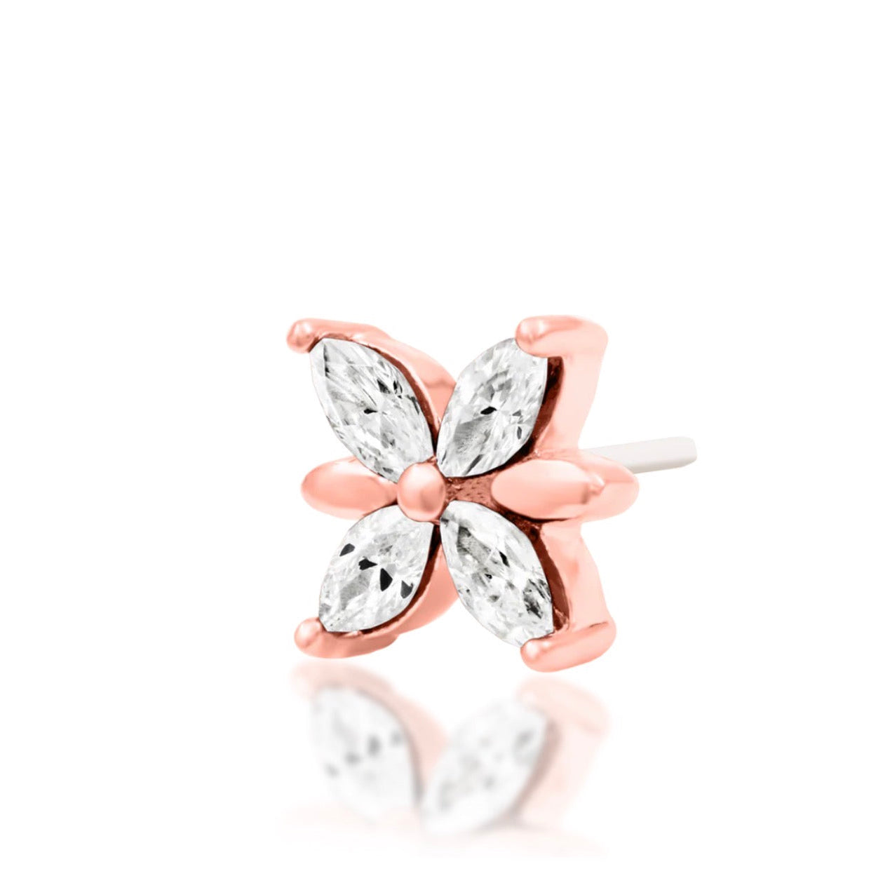 Junipurr Lilliana 14k rose gold CZ threadless end angled view with floral-inspired detailing