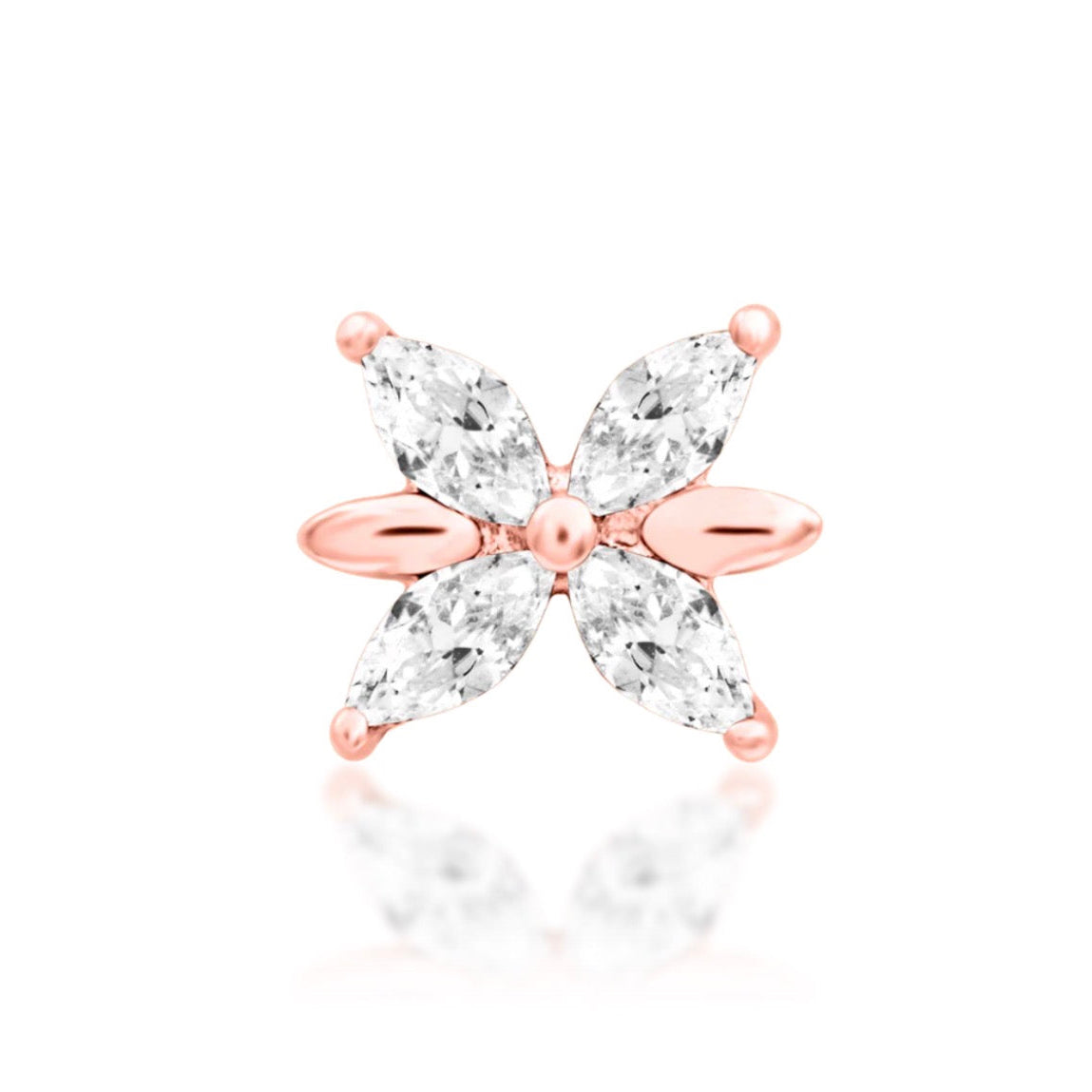 Junipurr Lilliana 14k rose gold floral threadless end with white cubic zirconia, front view for curated ear styling