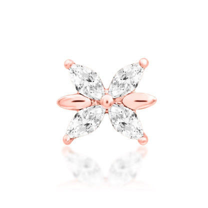 Junipurr Lilliana 14k rose gold floral threadless end with white cubic zirconia, front view for curated ear styling