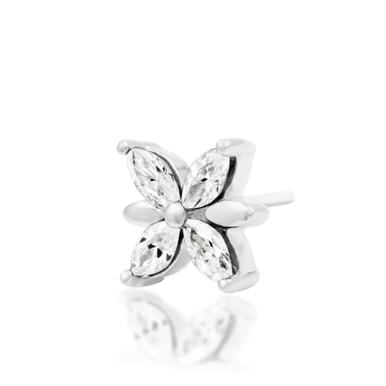 Junipurr Lilliana 14k white gold CZ threadless end angled view with refined floral detailing