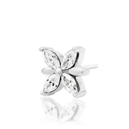 Junipurr Lilliana 14k white gold CZ threadless end angled view with refined floral detailing