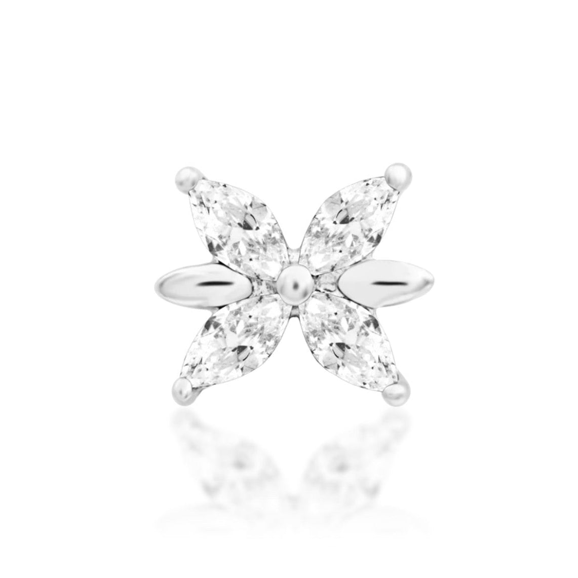 Junipurr Lilliana 14k white gold floral threadless end with white cubic zirconia, front view for helix piercings