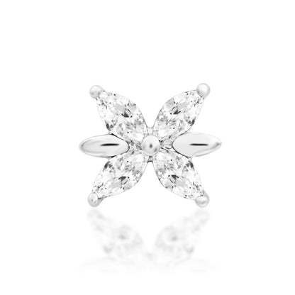Junipurr Lilliana 14k white gold floral threadless end with white cubic zirconia, front view for helix piercings