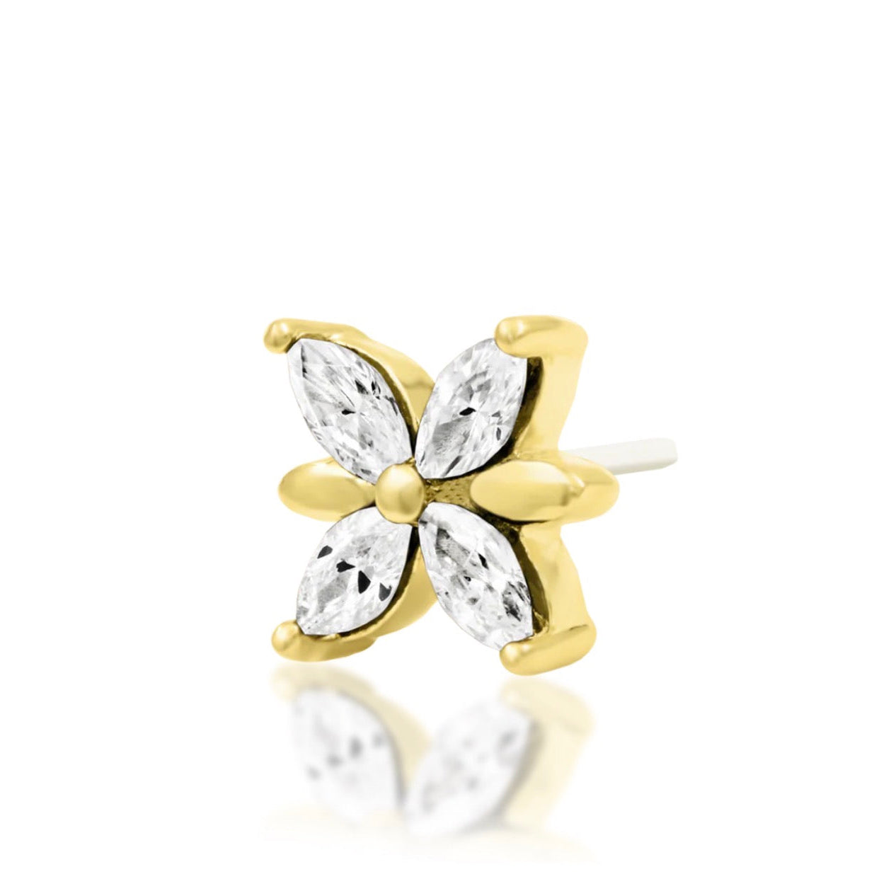 Junipurr Lilliana 14k yellow gold CZ threadless end with delicate floral styling, angled view for curated ear jewellery