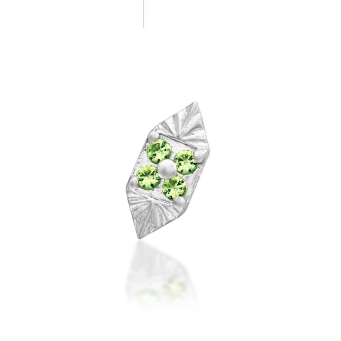 White gold decorative end featuring Kryptonite Green and White cubic zirconia in a geometric floral desig