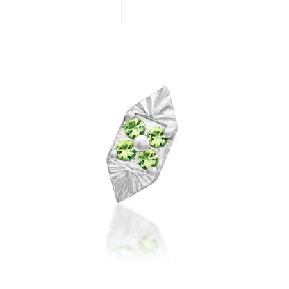 White gold decorative end featuring Kryptonite Green and White cubic zirconia in a geometric floral desig