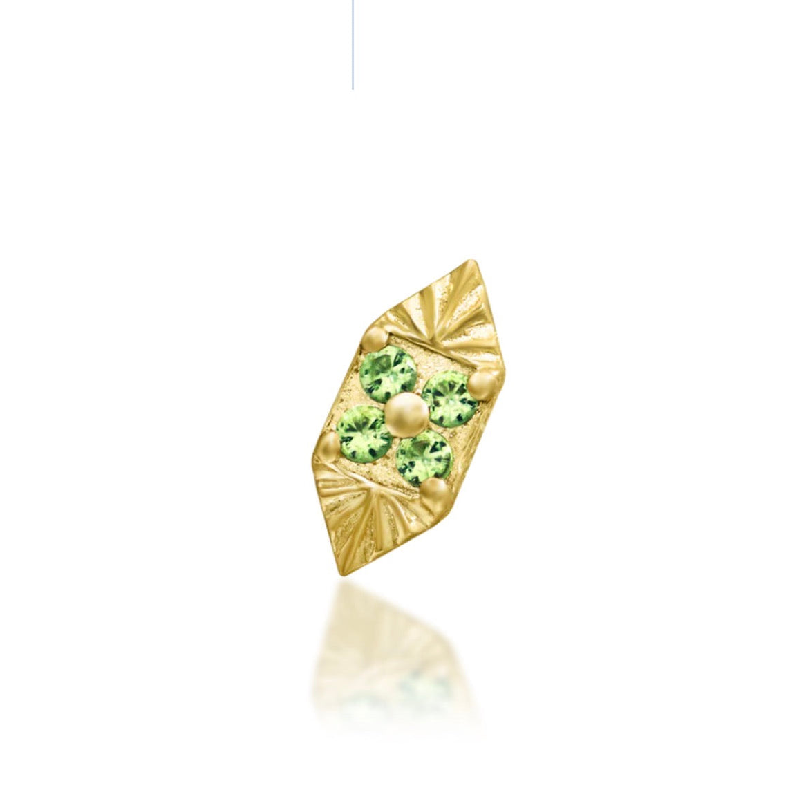 Yellow gold decorative end featuring Kryptonite Green and White cubic zirconia in a geometric floral design.