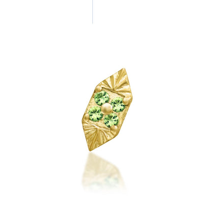 Yellow gold decorative end featuring Kryptonite Green and White cubic zirconia in a geometric floral design.