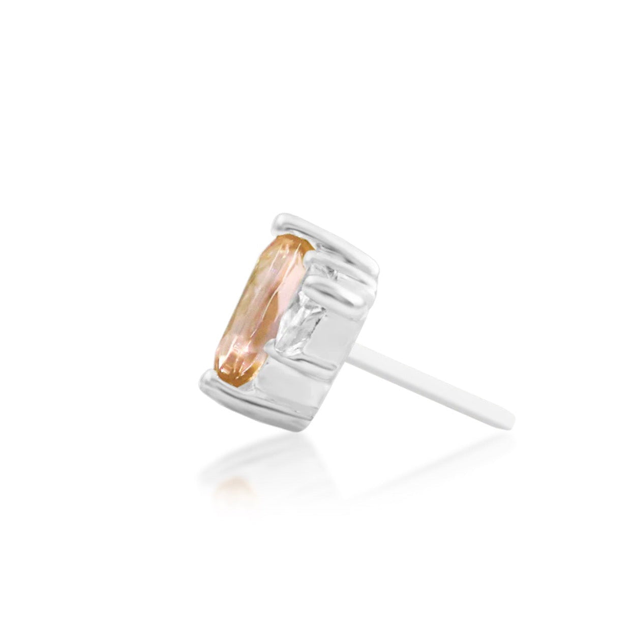 Side profile of Junipurr Lora solid 14k white gold threadless decorative end featuring Pink Champagne CZ gemstones