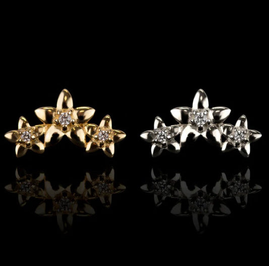 Junipurr Maggie solid 14k yellow gold floral garland threadless decorative end with white CZ stones, front view for helix and flat piercing jewellery