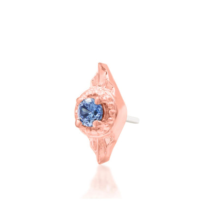 Junipurr Malaika 14k rose gold tanzanite threadless end angled view with elegant celestial-inspired styling