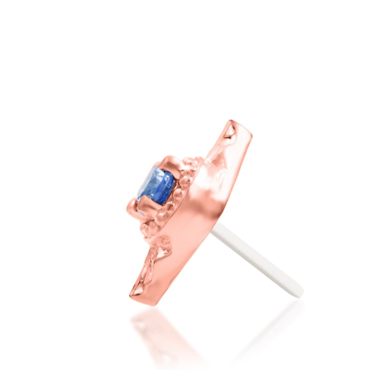 Side profile of Junipurr Malaika 14k rose gold threadless end with delicate gemstone detailing