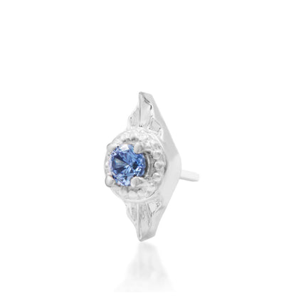 Junipurr Malaika 14k white gold tanzanite threadless end angled view with luminous violet-blue sparkle