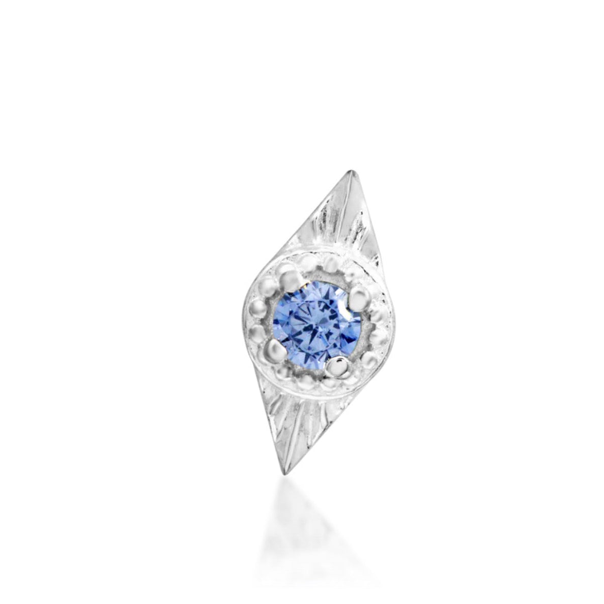 Junipurr Malaika 14k white gold light tanzanite threadless end, front view for luxury piercing jewellery