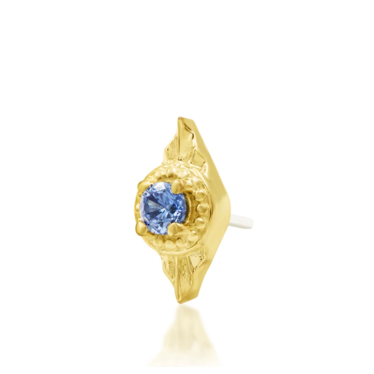 Junipurr Malaika 14k yellow gold tanzanite threadless end angled view with delicate celestial-inspired sparkle for curated ear styling