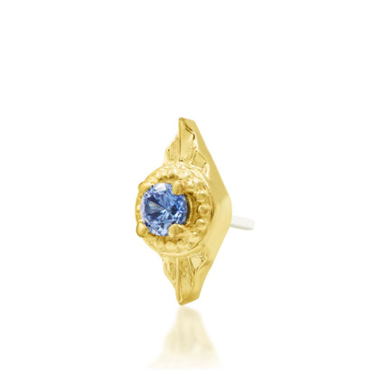 Junipurr Malaika 14k yellow gold tanzanite threadless end angled view with delicate celestial-inspired sparkle for curated ear styling