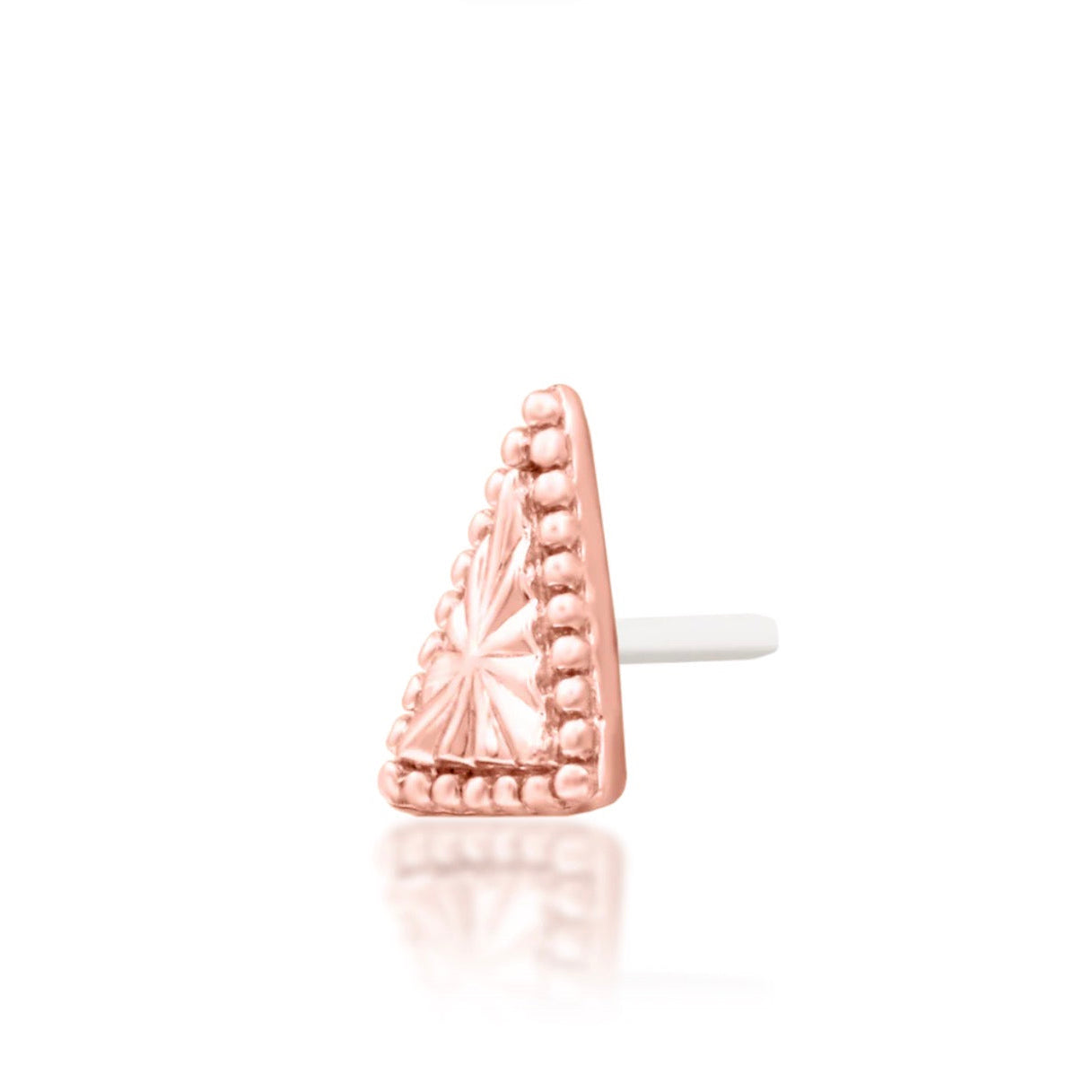 Angled view of Junipurr Mila solid 14k rose gold threadless decorative end with contemporary triangle styling