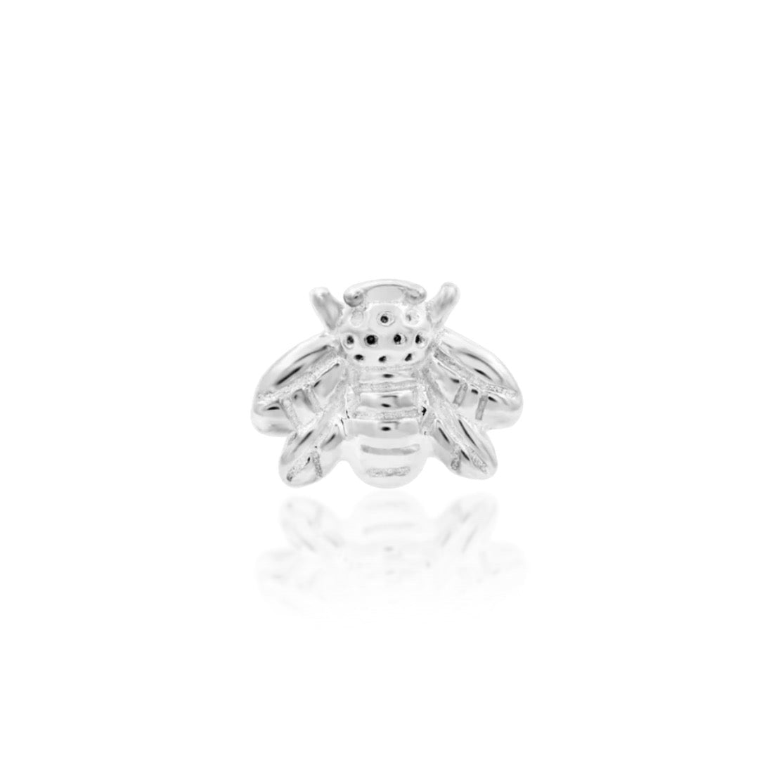 Junipurr Mini Bee 14k white gold bee threadless end, front view for delicate piercing styling