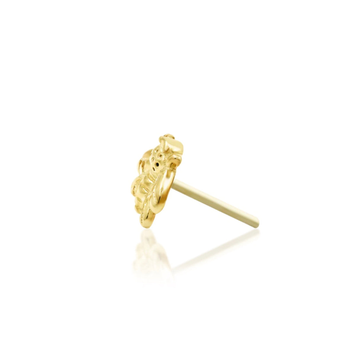 Junipurr Mini Bee 14k yellow gold bee threadless end, front view for helix and flat piercings