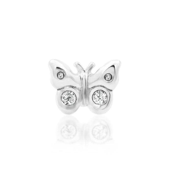 Junipurr Mini Butterfly 14k White Gold Threadless End featuring two cubic zirconia stones — dainty sculpted butterfly piercing jewellery.