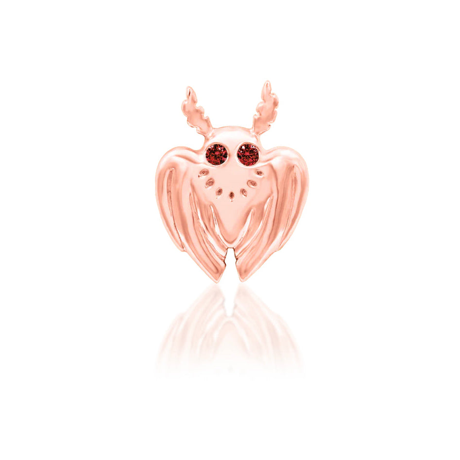 Angled view of Junipurr Mothman solid 14k rose gold threadless decorative end with folklore-inspired styling