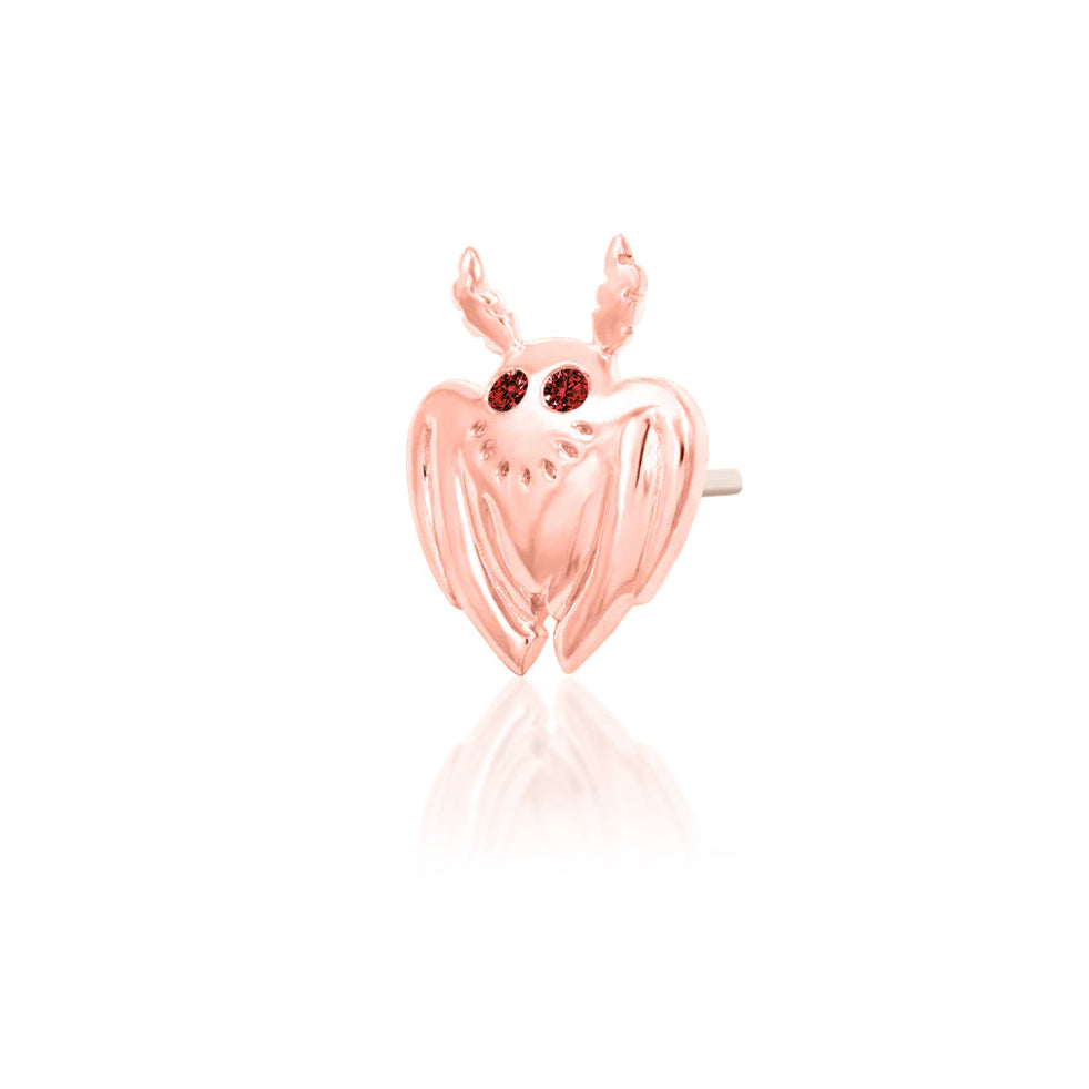 Junipurr Mothman solid 14k rose gold threadless decorative end with dark garnet CZ eyes, front view for curated ear jewellery