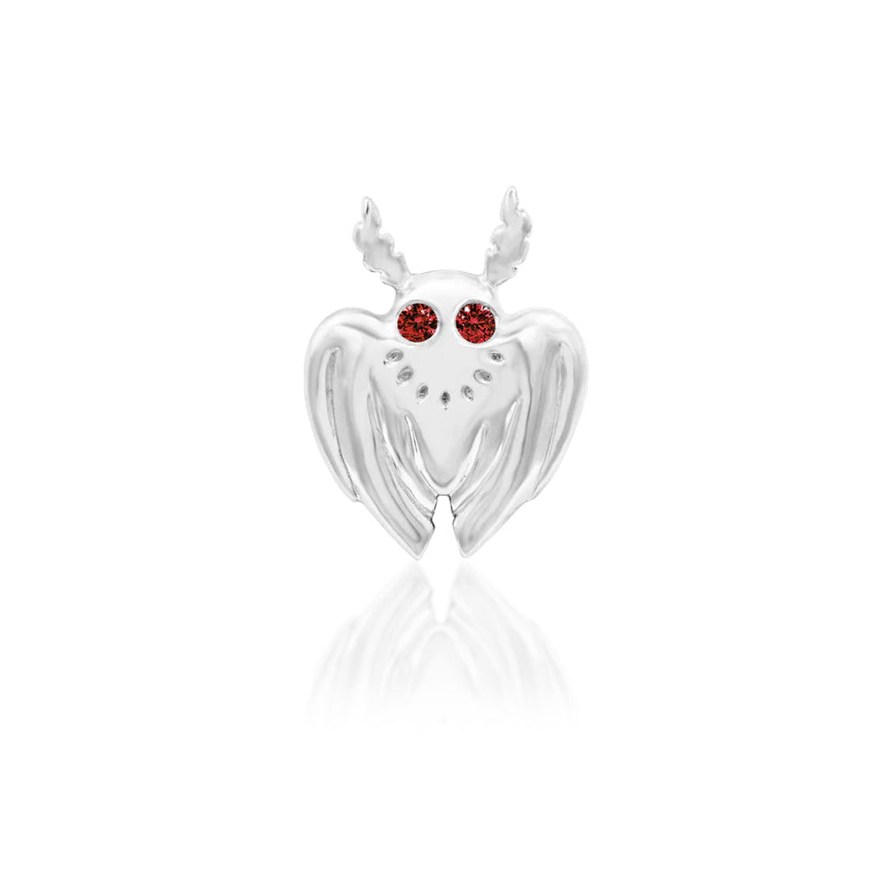 Junipurr Mothman solid 14k white gold threadless decorative end with dark garnet CZ eyes, front view for luxury piercing jewellery
