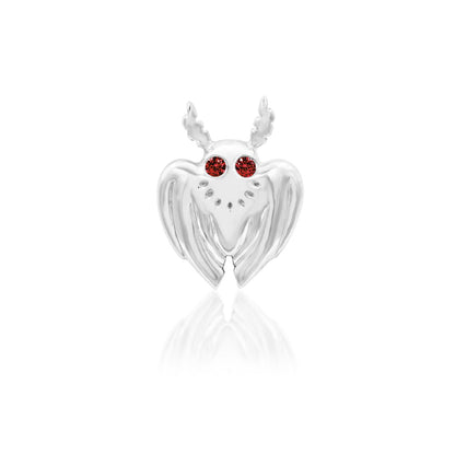 Junipurr Mothman solid 14k white gold threadless decorative end with dark garnet CZ eyes, front view for luxury piercing jewellery