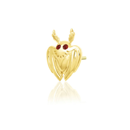 Angled view of Junipurr Mothman solid 14k yellow gold threadless decorative end inspired by folklore and cryptid mythology