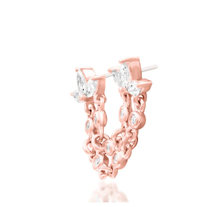 Junipurr Munira 14k rose gold CZ chain threadless end angled view with elegant cascading sparkle