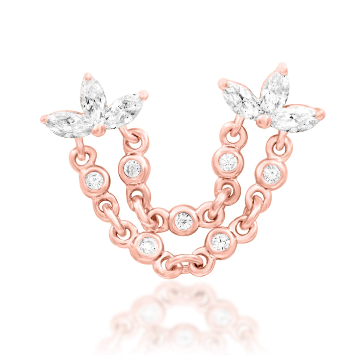 Junipurr Munira 14k rose gold double pin threadless end with marquise CZ and chain detailing, front view for curated ear jewellery