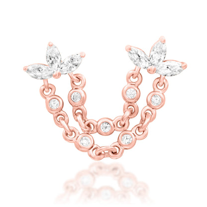 Junipurr Munira 14k rose gold double pin threadless end with marquise CZ and chain detailing, front view for curated ear jewellery