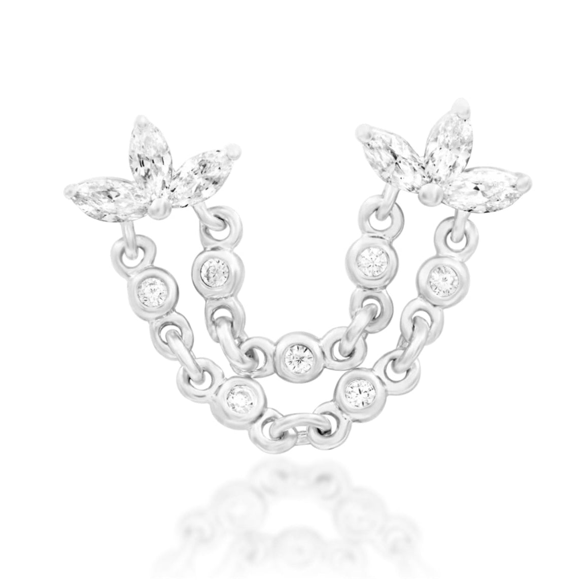 Junipurr Munira 14k white gold double pin threadless end with marquise cubic zirconia and chain detail, front view for luxury piercing styling