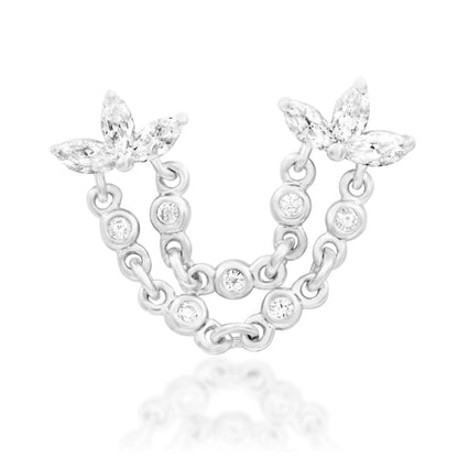 Junipurr Munira 14k white gold double pin threadless end with marquise cubic zirconia and chain detail, front view for luxury piercing styling