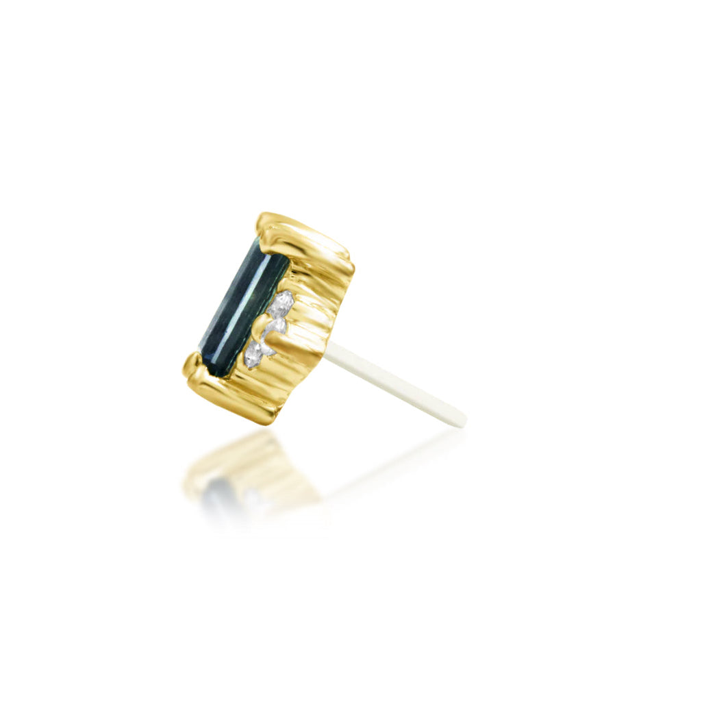 Side profile of Junipurr Nellie threadless end in 14k yellow gold with alexandrite and cubic zirconia