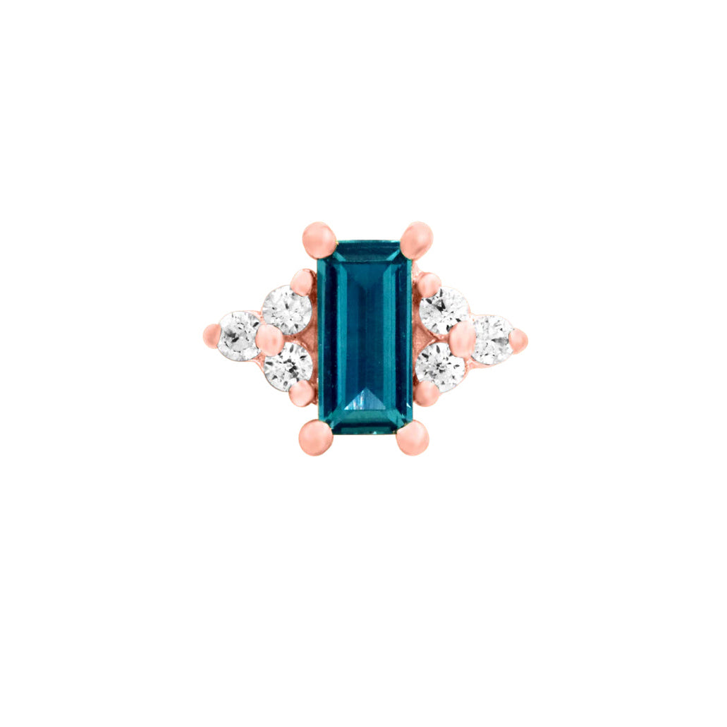 Front view of Junipurr Nellie threadless end in 14k rose gold with lab grown alexandrite and white cubic zirconia helix jewellery
