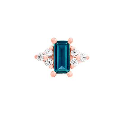 Front view of Junipurr Nellie threadless end in 14k rose gold with lab grown alexandrite and white cubic zirconia helix jewellery
