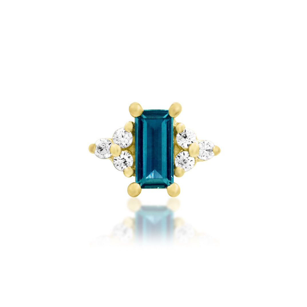 Front view of Junipurr Nellie threadless end in 14k yellow gold with lab grown alexandrite and white cubic zirconia helix jewellery