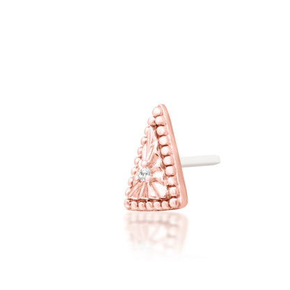 Angled view of a rose gold triangular decorative end with cubic zirconia.