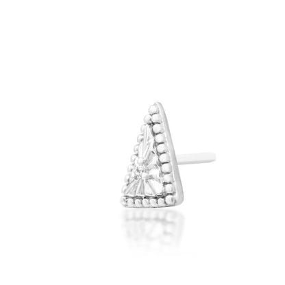 Angled view of a white gold triangular decorative end with cubic zirconia.