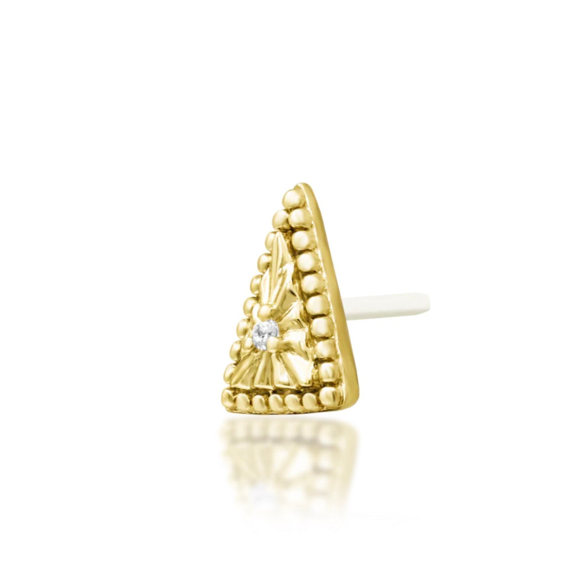 Angled view of a yellow gold triangular decorative end with small cubic zirconia.