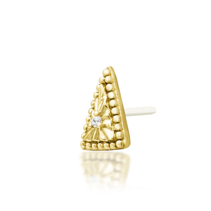 Angled view of a yellow gold triangular decorative end with small cubic zirconia.