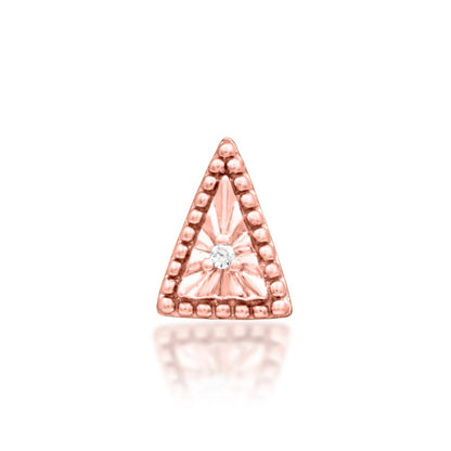 Rose gold triangular decorative end with three cubic zirconia.