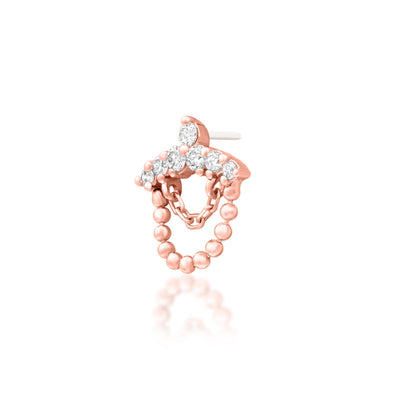 Angled view of Junipurr Ninette solid 14k rose gold diamond chain threadless decorative end