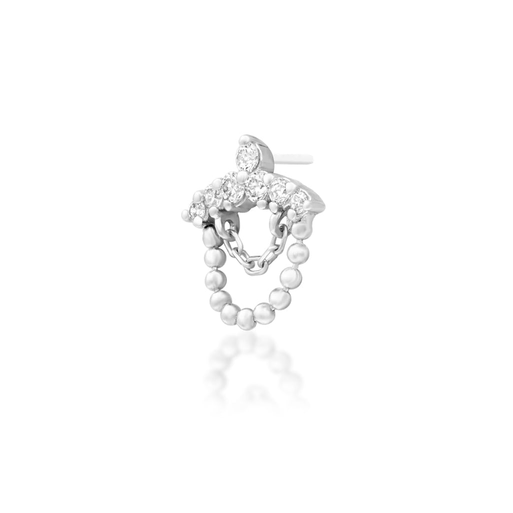 Angled view of Junipurr Ninette solid 14k white gold diamond chain threadless decorative end