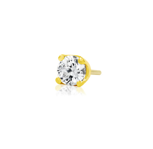 Close-up of the Junipurr Prong Set CZ 14kt Gold Threadless End in Yellow, White, and Rose Gold, featuring a shimmering cubic zirconia stone perfect for helix, lobe, or tragus piercings.